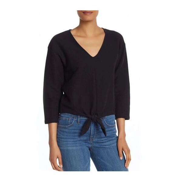 Madewell Texture & Thread Tie Front Top Womens Black Ribbed 3/4 Sleeve Sz M NWT - Picture 1 of 9